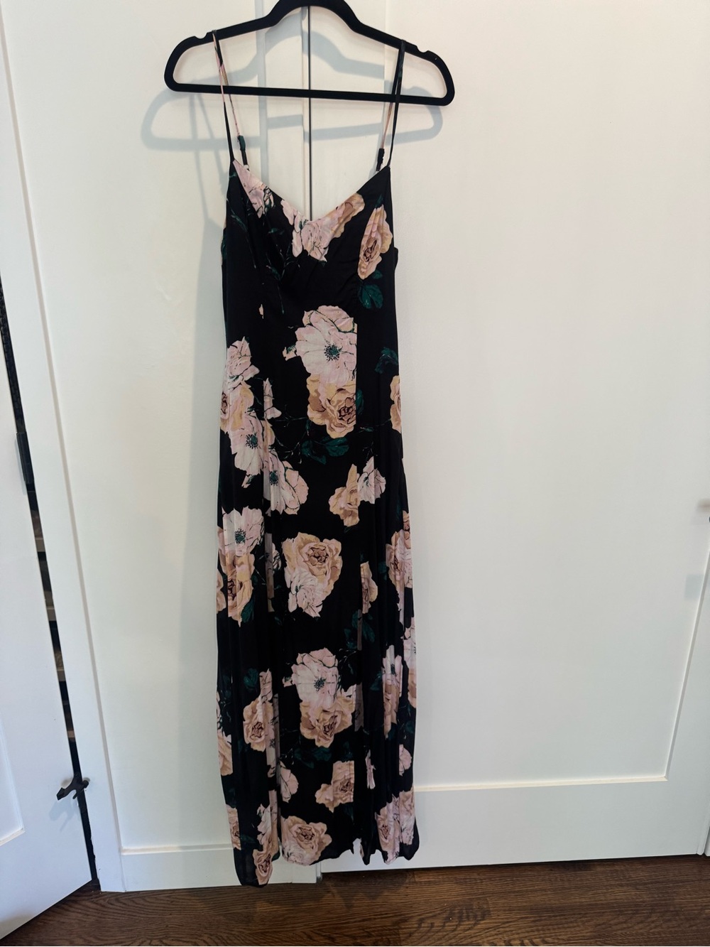 Lulu's Black Maxi Slip Dress with Blush Rose Print
